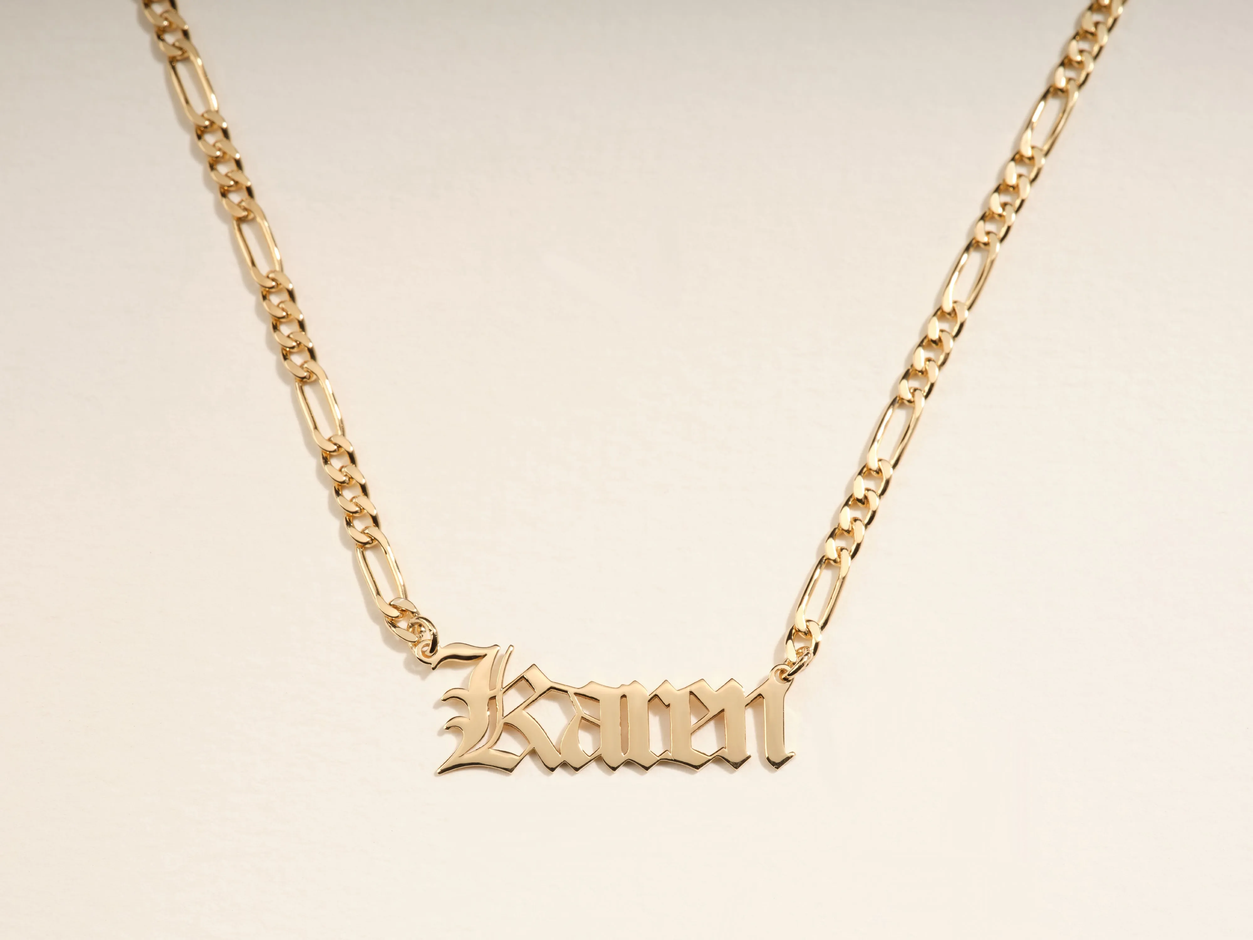 14k Solid Gold Figaro Old English Font Name Necklace