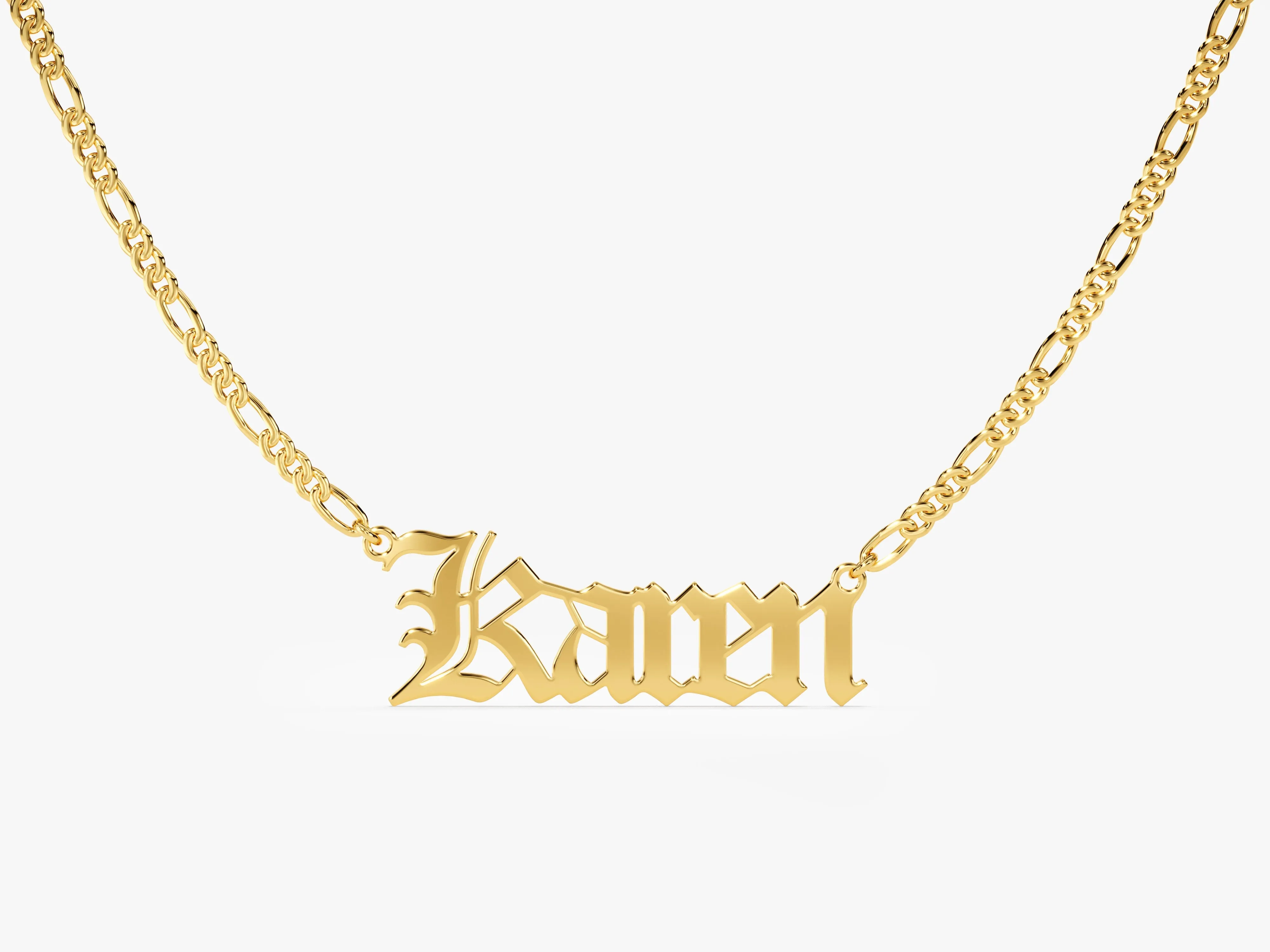 14k Solid Gold Figaro Old English Font Name Necklace