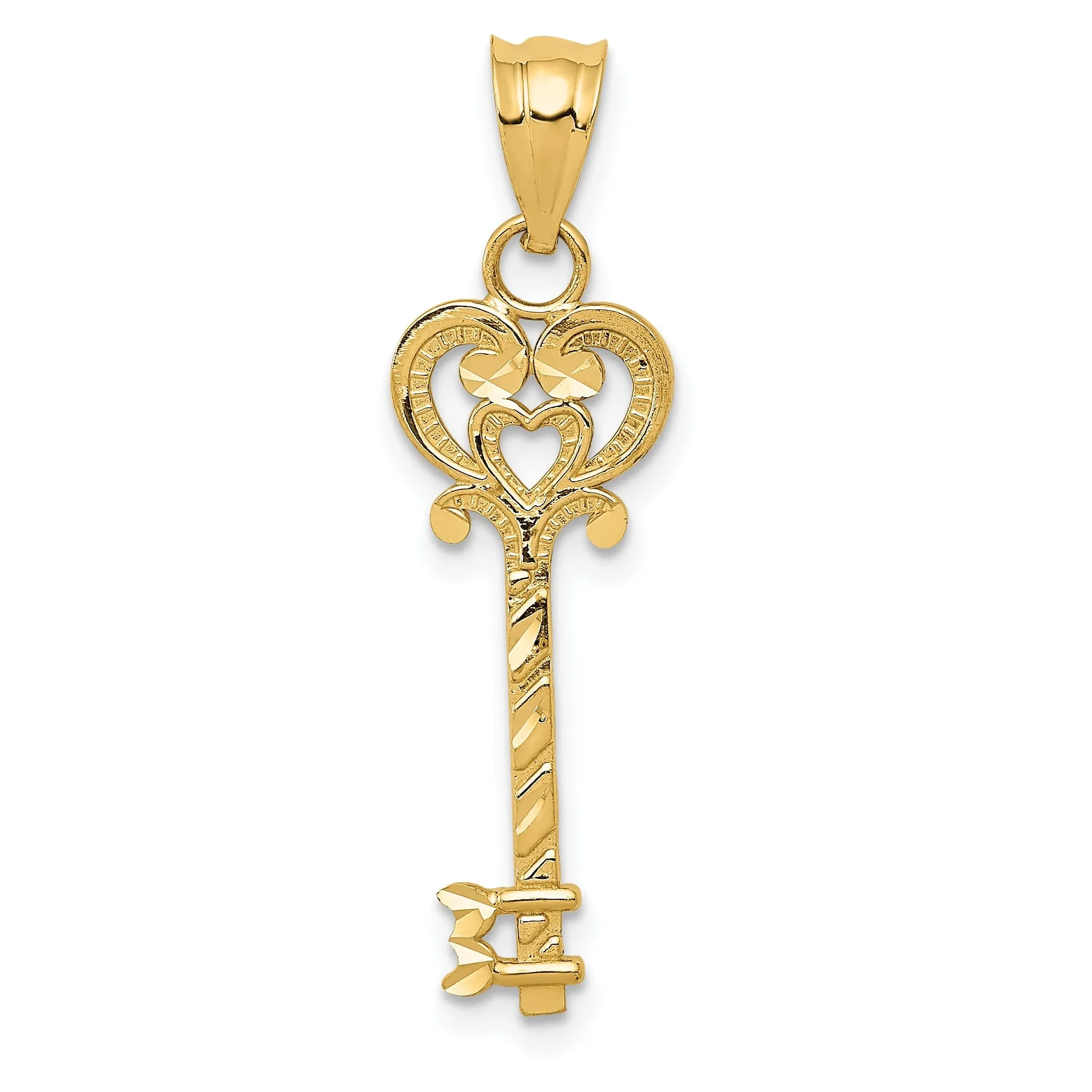 14k Yellow Gold Solid Key with Heart Design Charm Pendant