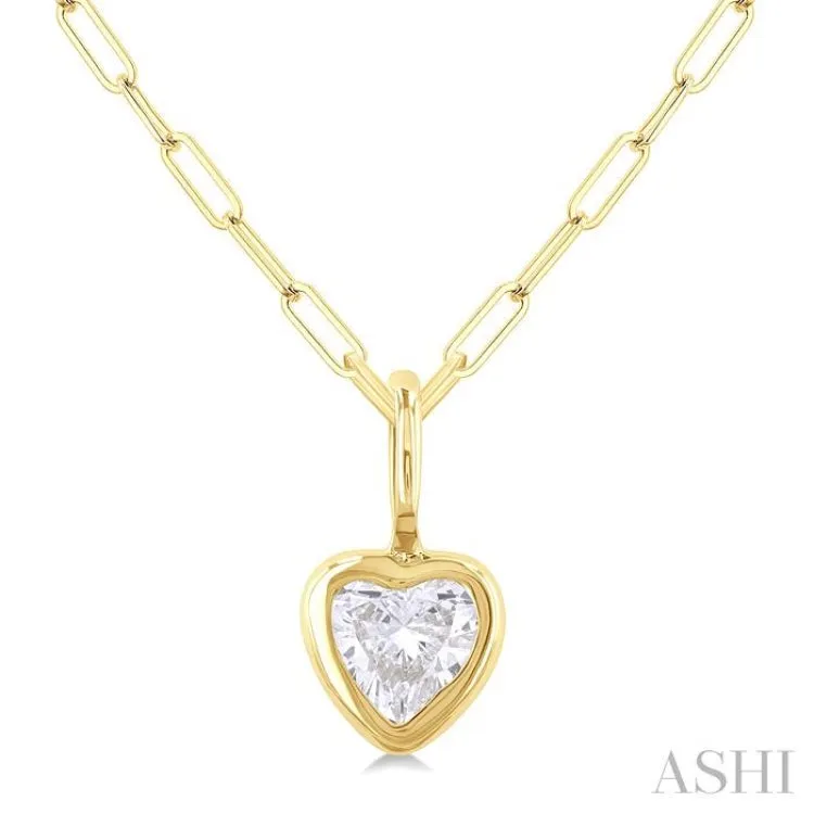 1/5 ctw Heart Shape Bezel Set Diamond Fashion Pendant With Paper Clip Chain in 14K Yellow Gold