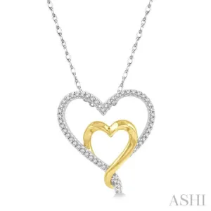 1/6 ctw Two Tone Twin Heart Round Cut Diamond Pendant With Chain in 10K White and Yellow Gold