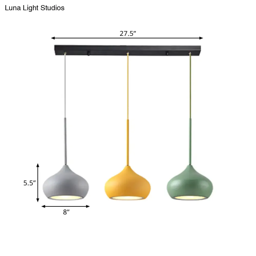 3-Head Multi Ceiling Light Pendant Lamp - Macaron Grey-Yellow-Green Drop with Onion Metal Shade