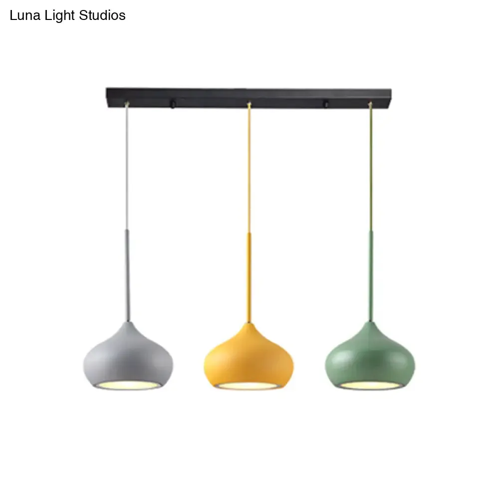 3-Head Multi Ceiling Light Pendant Lamp - Macaron Grey-Yellow-Green Drop with Onion Metal Shade