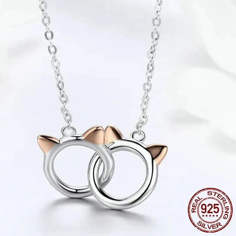 925 Sterling Silver Double Circles Pet Cat Pendant Necklace Cute Animal Chain for Women Jewelry Gift