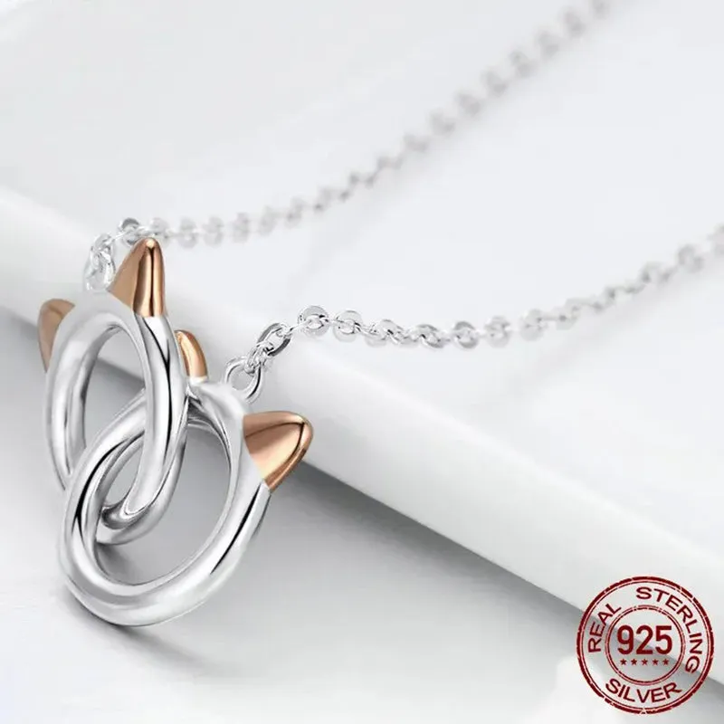 925 Sterling Silver Double Circles Pet Cat Pendant Necklace Cute Animal Chain for Women Jewelry Gift