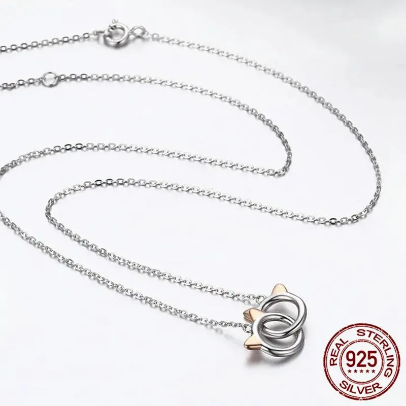 925 Sterling Silver Double Circles Pet Cat Pendant Necklace Cute Animal Chain for Women Jewelry Gift