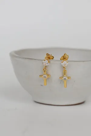 Alanna Gold Rhinestone Cross Drop Stud Earrings