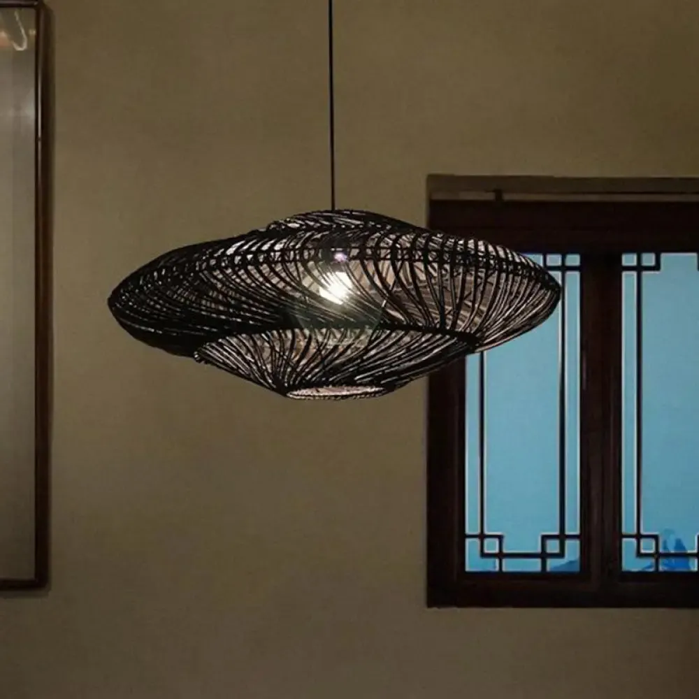 Asian Rattan Flying Saucer Pendant Light for Dining Room