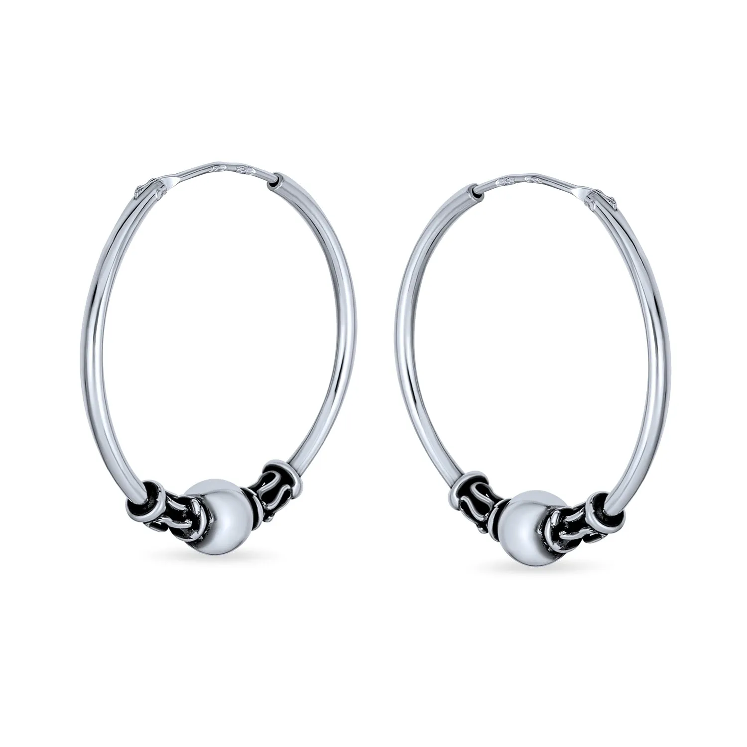 Bali Style Tribal Ball Bead Hoop Huggie Earrings Oxidized Sterling Silver 1 Inch