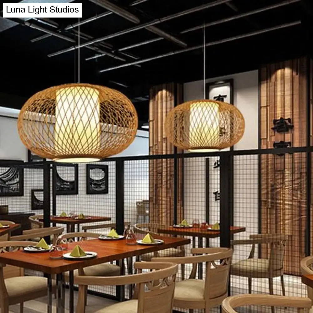 Bamboo Lantern Pendant Light - Tradition Style, 1 Bulb, 16"/19.5" Wide Wood Hanging Lamp Kit