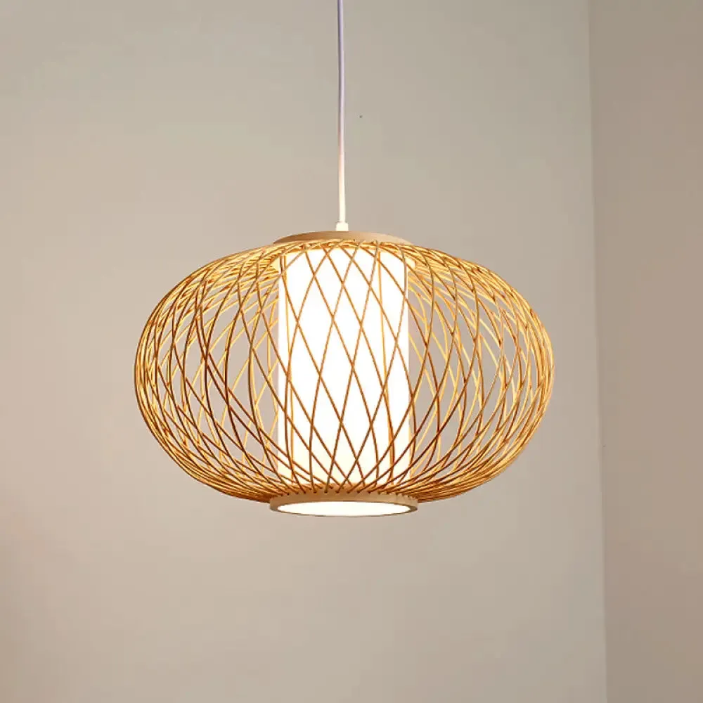 Bamboo Lantern Pendant Light - Tradition Style, 1 Bulb, 16"/19.5" Wide Wood Hanging Lamp Kit