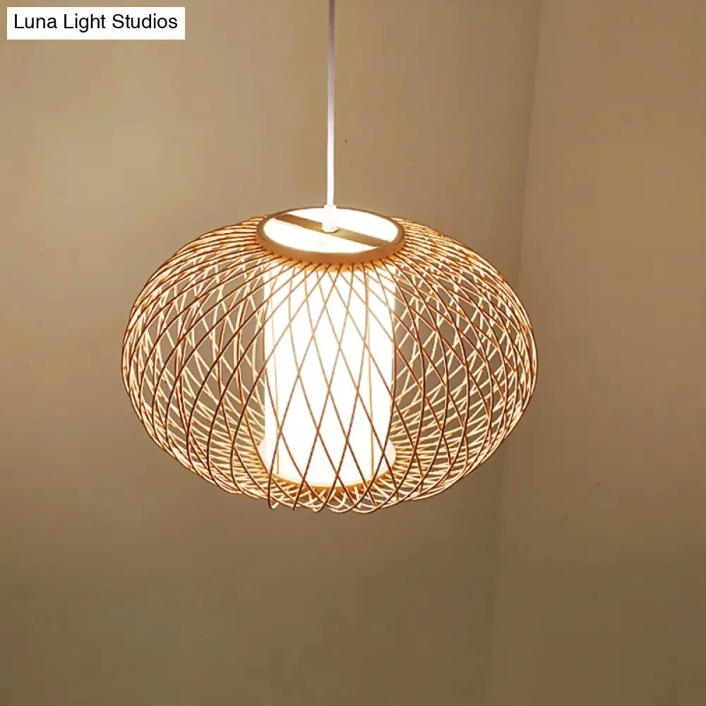 Bamboo Lantern Pendant Light - Tradition Style, 1 Bulb, 16"/19.5" Wide Wood Hanging Lamp Kit