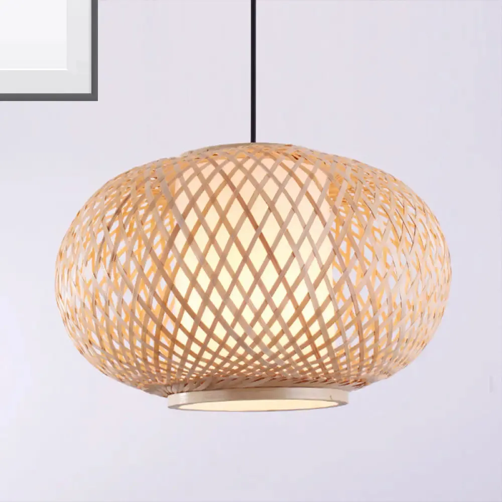 Bamboo Lantern Pendant Light - Tradition Style, 1 Bulb, 16"/19.5" Wide Wood Hanging Lamp Kit