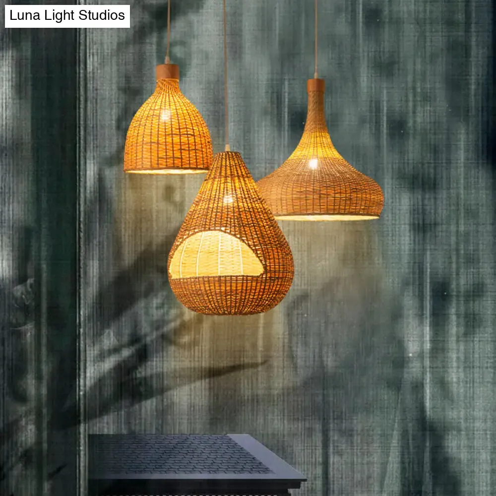 Bamboo Pendant Lighting Asia: Onion, Raindrop, Bell - Beige Hanging Light Fixture for Table - 1 Light, 10.5"/17"/18" W