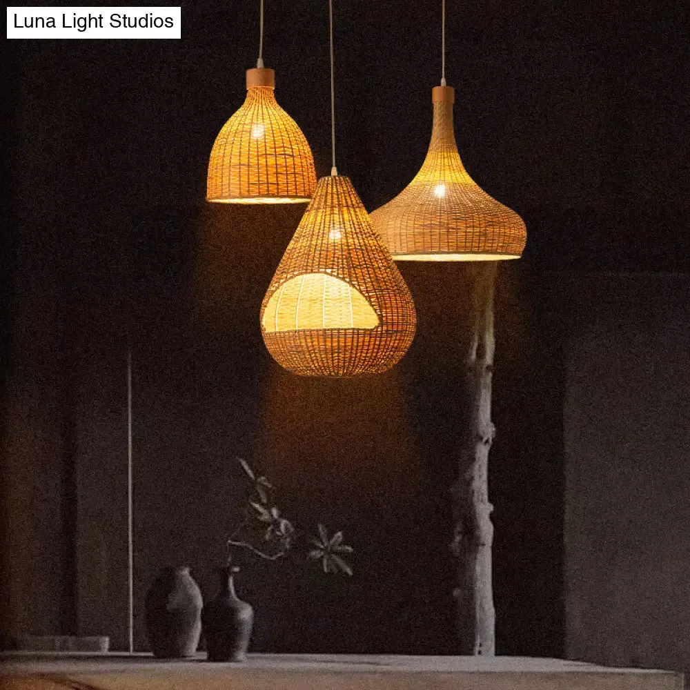 Bamboo Pendant Lighting Asia: Onion, Raindrop, Bell - Beige Hanging Light Fixture for Table - 1 Light, 10.5"/17"/18" W