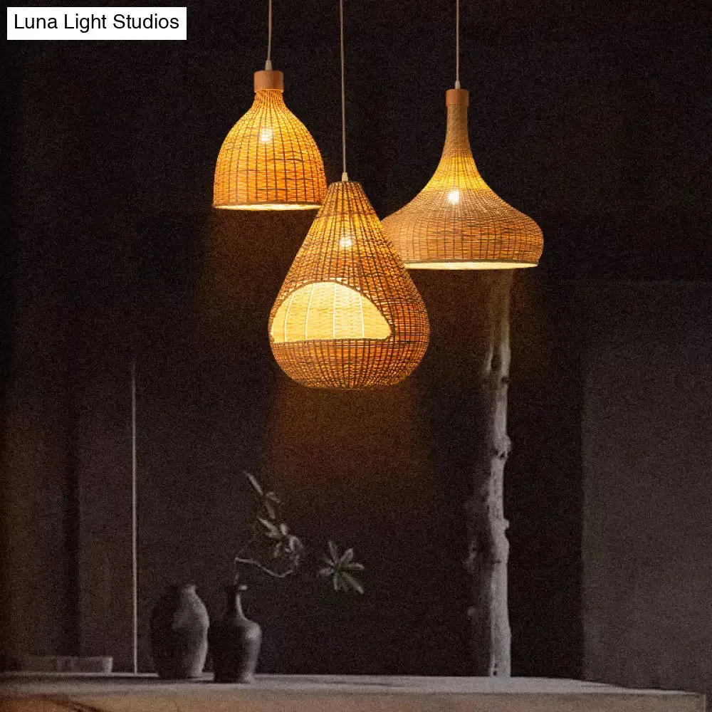 Bamboo Pendant Lighting Asia: Onion, Raindrop, Bell - Beige Hanging Light Fixture for Table - 1 Light, 10.5"/17"/18" W