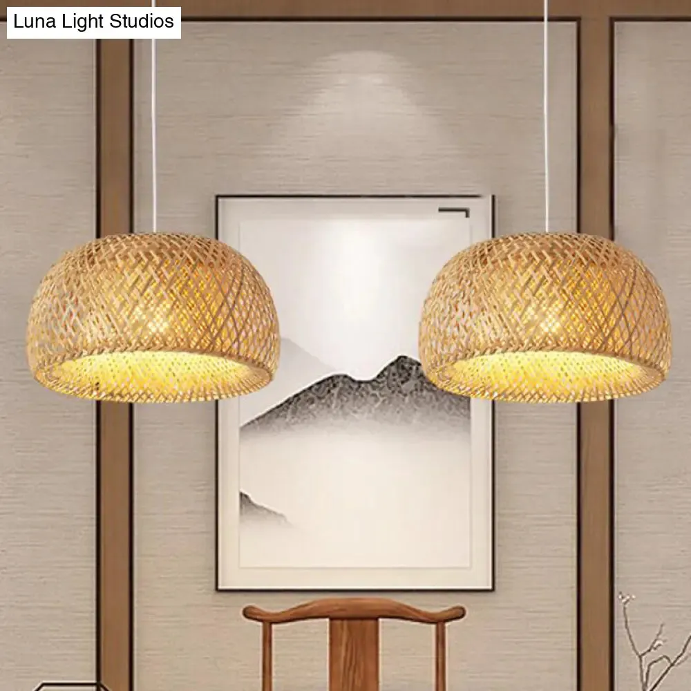 Bamboo Pendant Lighting - Chinese Cross-Weaving Dome Style, 1 Light Beige Ceiling Light (12"/14"/23.5")