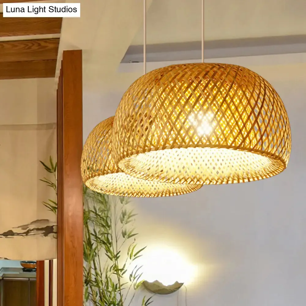 Bamboo Pendant Lighting - Chinese Cross-Weaving Dome Style, 1 Light Beige Ceiling Light (12"/14"/23.5")