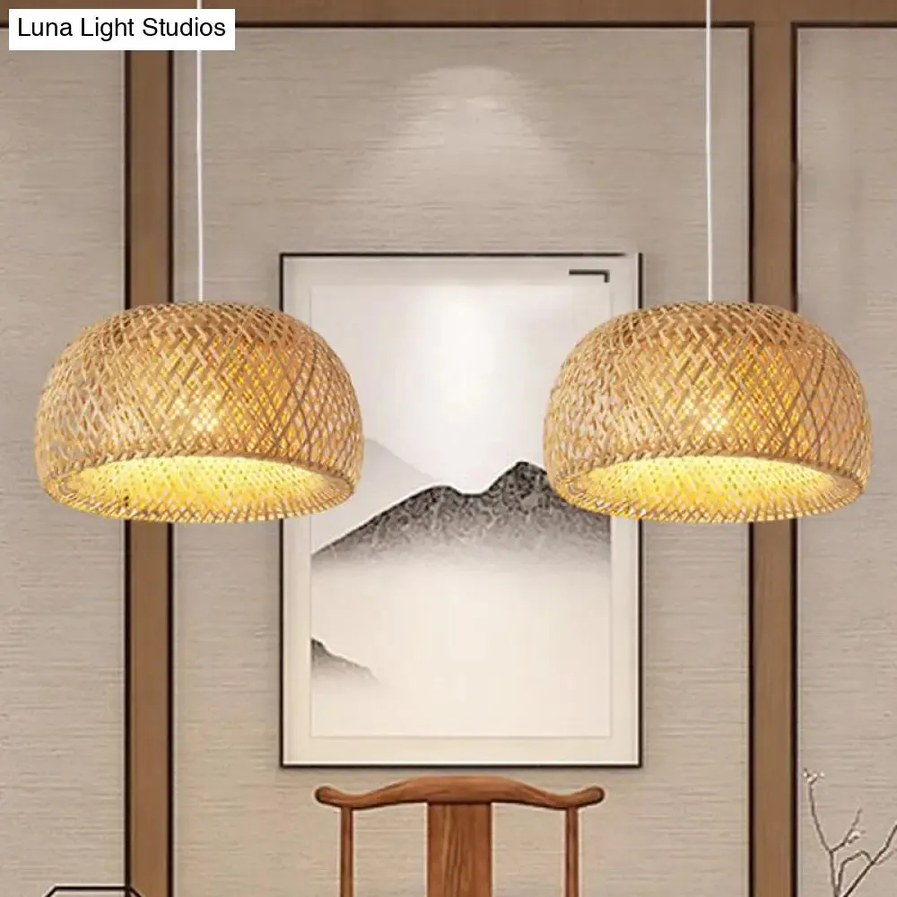 Bamboo Pendant Lighting - Chinese Cross-Weaving Dome Style, 1 Light Beige Ceiling Light (12"/14"/23.5")