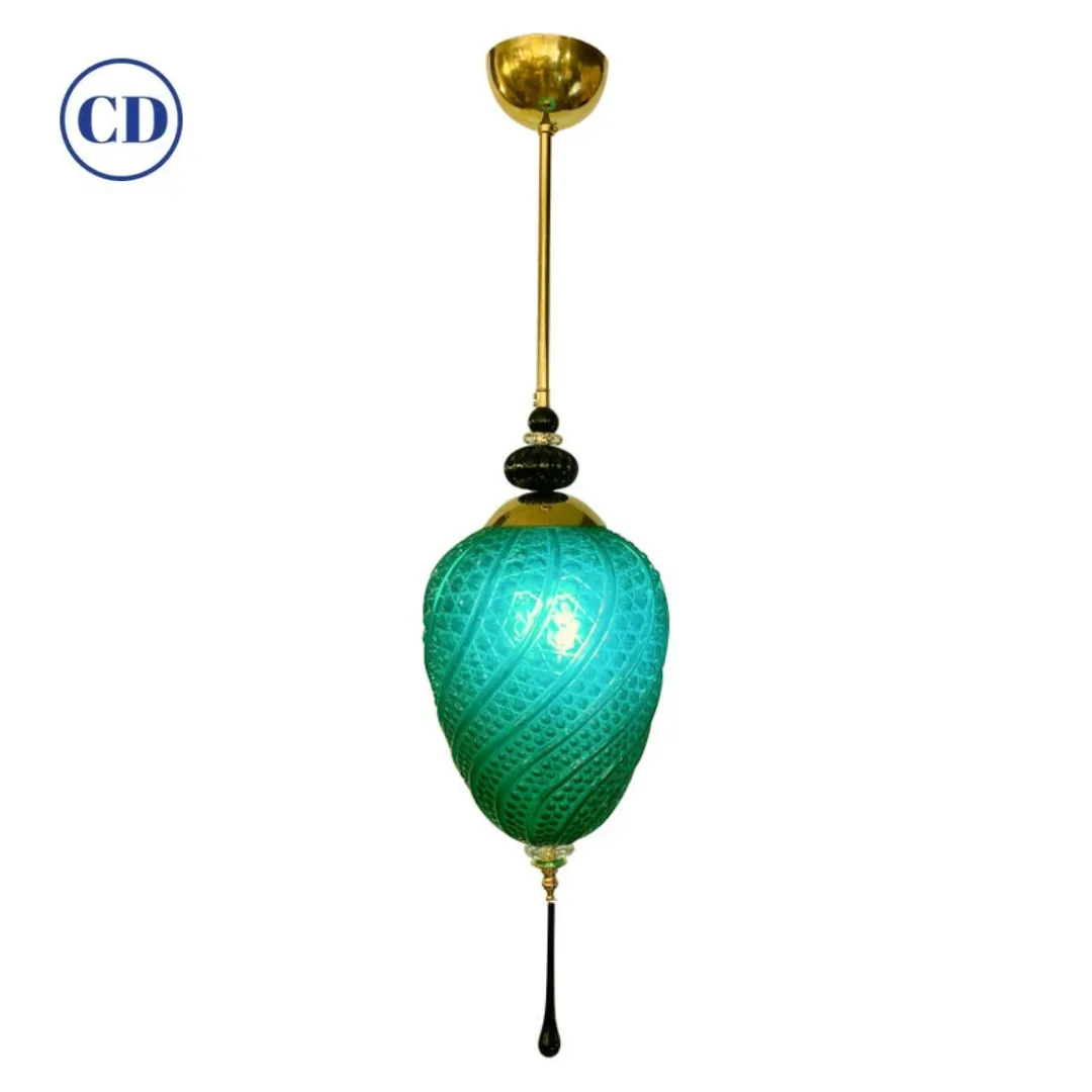 Bespoke Italian Oval Black Crystal Green Murano Glass Brass Egg Pendant Light