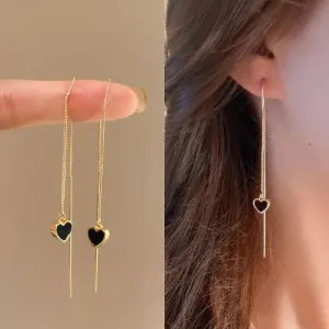 Black Heart Ear Line Long Hanging Earring with Gold Color Ear Wire Piercing - Wholesale