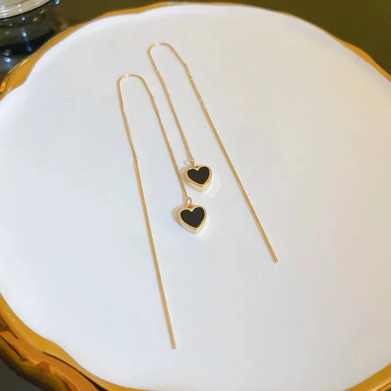 Black Heart Ear Line Long Hanging Earring with Gold Color Ear Wire Piercing - Wholesale