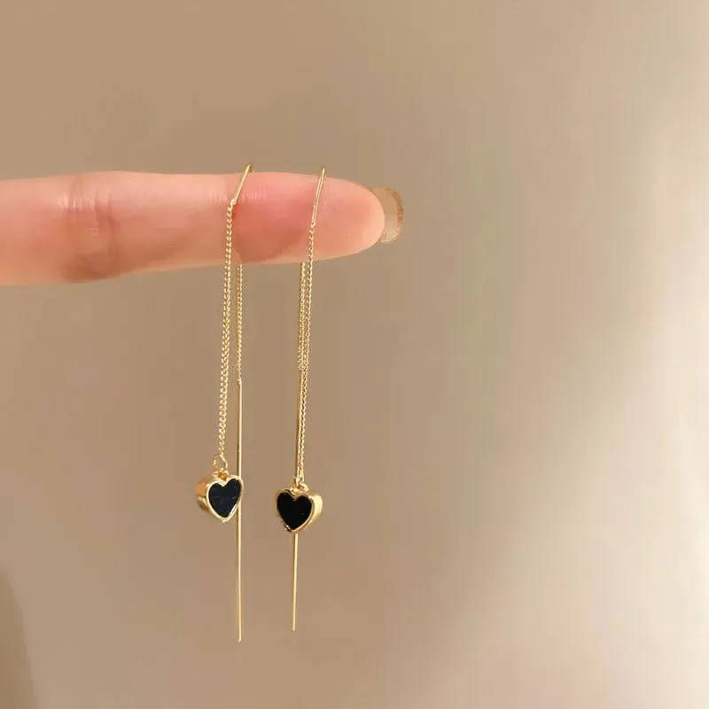 Black Heart Ear Line Long Hanging Earring with Gold Color Ear Wire Piercing - Wholesale