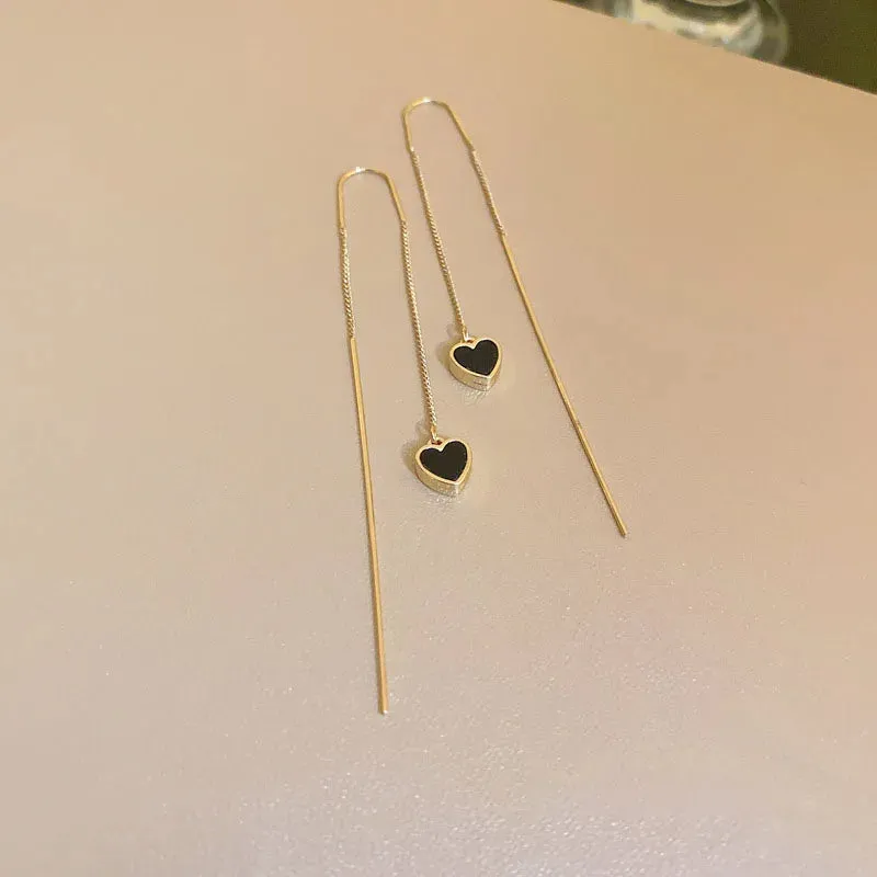 Black Heart Ear Line Long Hanging Earring with Gold Color Ear Wire Piercing - Wholesale