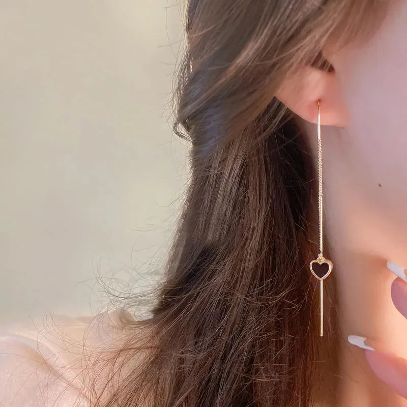 Black Heart Ear Line Long Hanging Earring with Gold Color Ear Wire Piercing - Wholesale