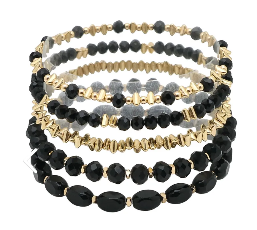 Black Stretchy Beaded Bracelets - Set of 5