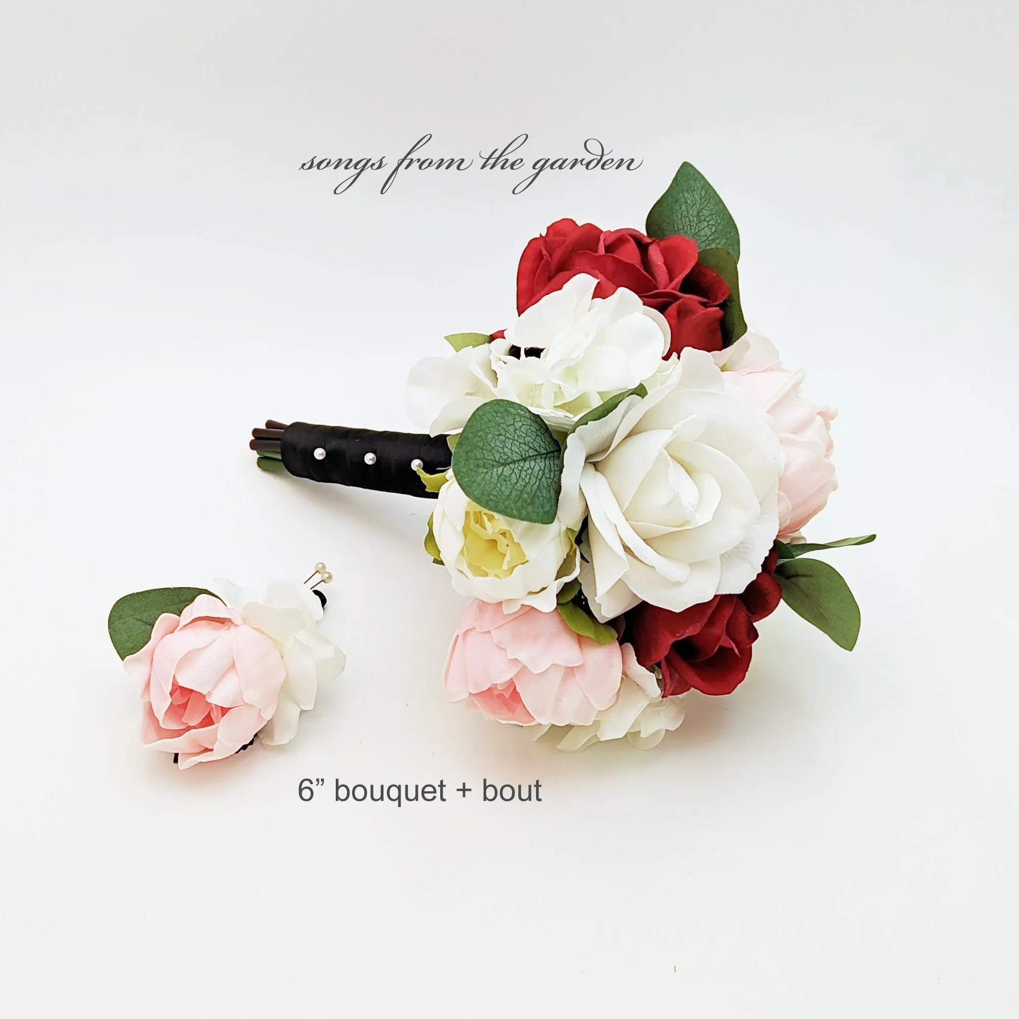 Blush Gold Red Bridal or Bridesmaid Bouquet Eucalyptus Peonies Roses - Add Boutonniere Corsage Wedding Centerpiece Crown & More!