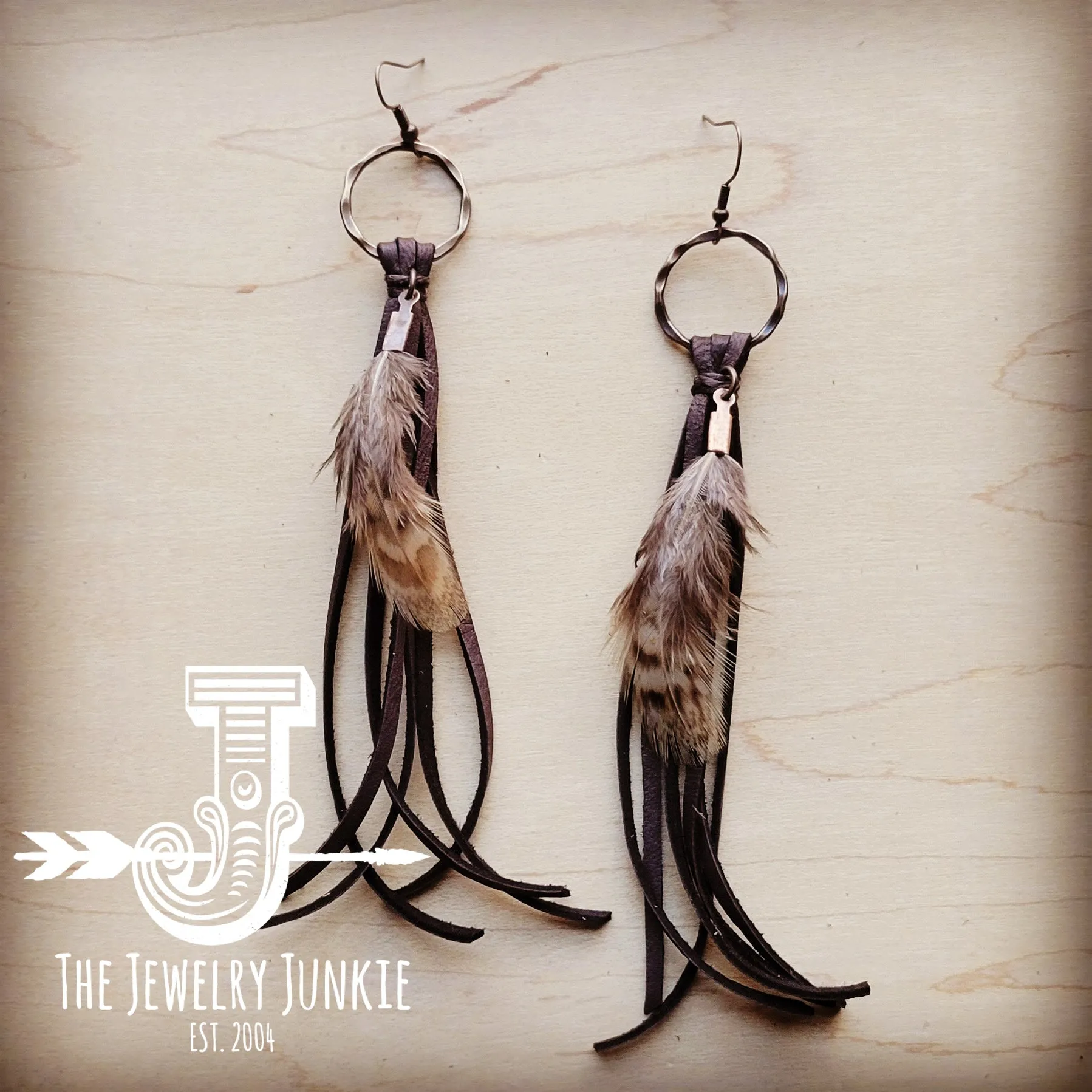 **Boho Brown Deer Skin Leather Tassel Earring-Yellow Feather 217b