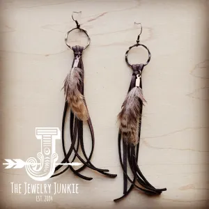 **Boho Brown Deer Skin Leather Tassel Earring-Yellow Feather 217b