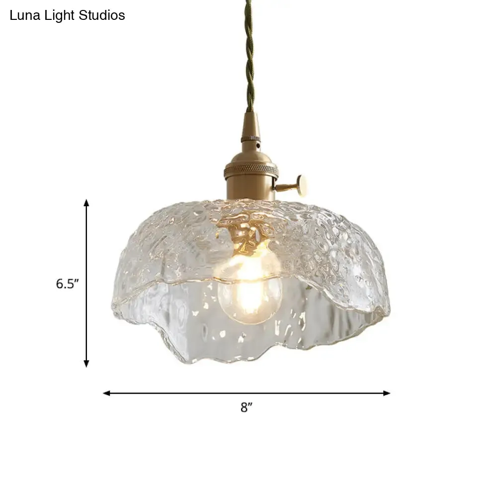 Bowl Shaped Clear Textured Glass Pendant Light with Floral Rim - Modern Brass Hanging Lamp