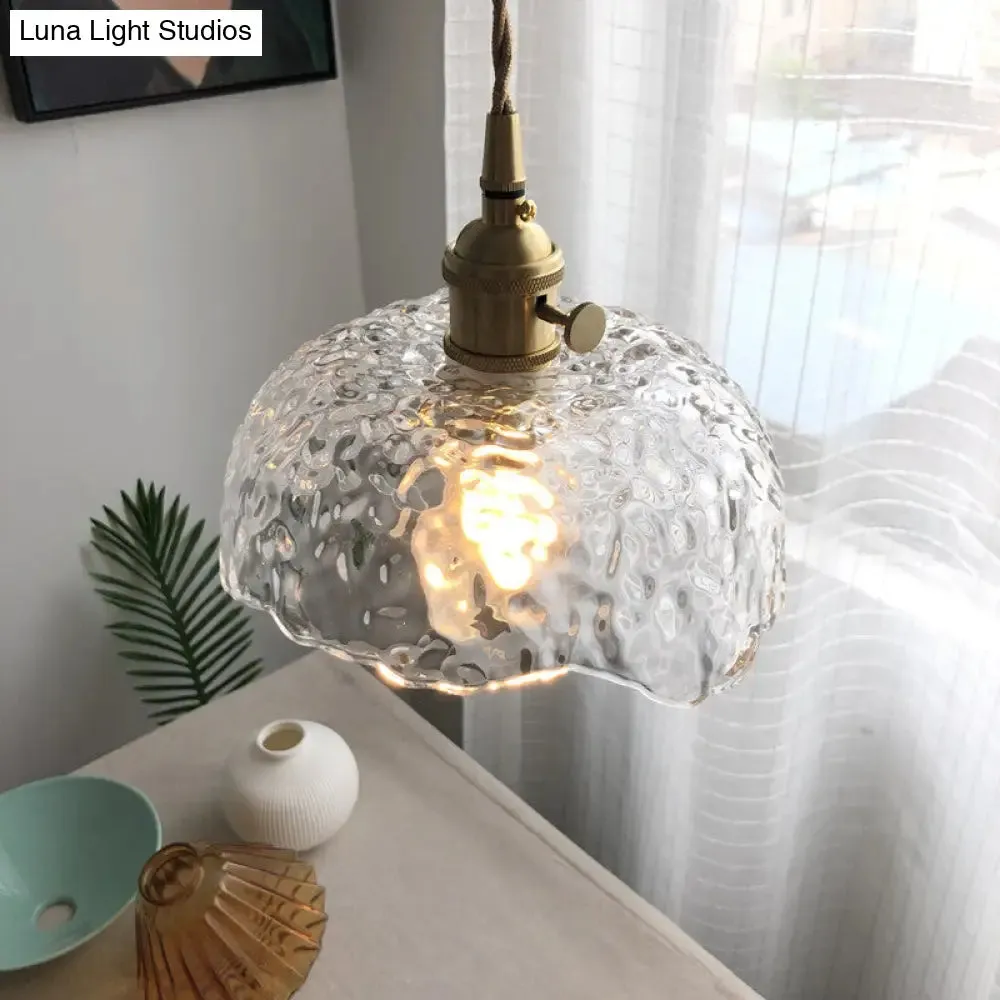 Bowl Shaped Clear Textured Glass Pendant Light with Floral Rim - Modern Brass Hanging Lamp