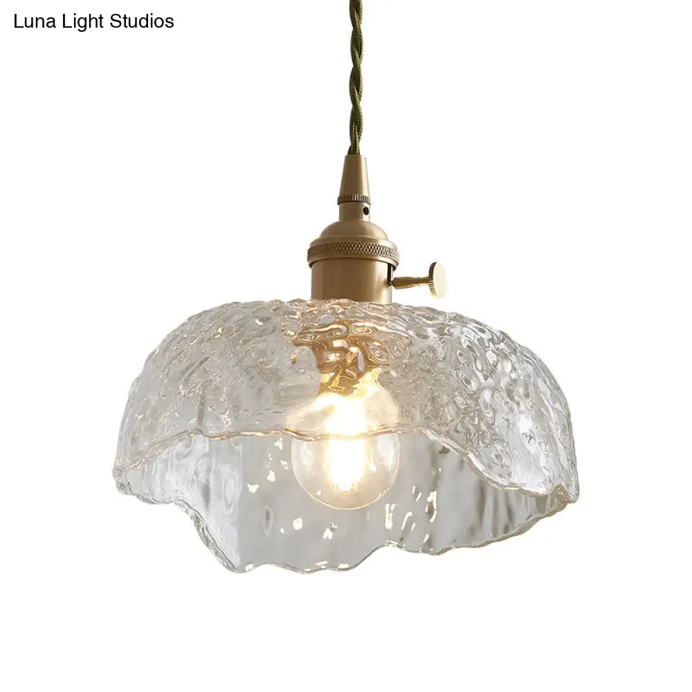 Bowl Shaped Clear Textured Glass Pendant Light with Floral Rim - Modern Brass Hanging Lamp