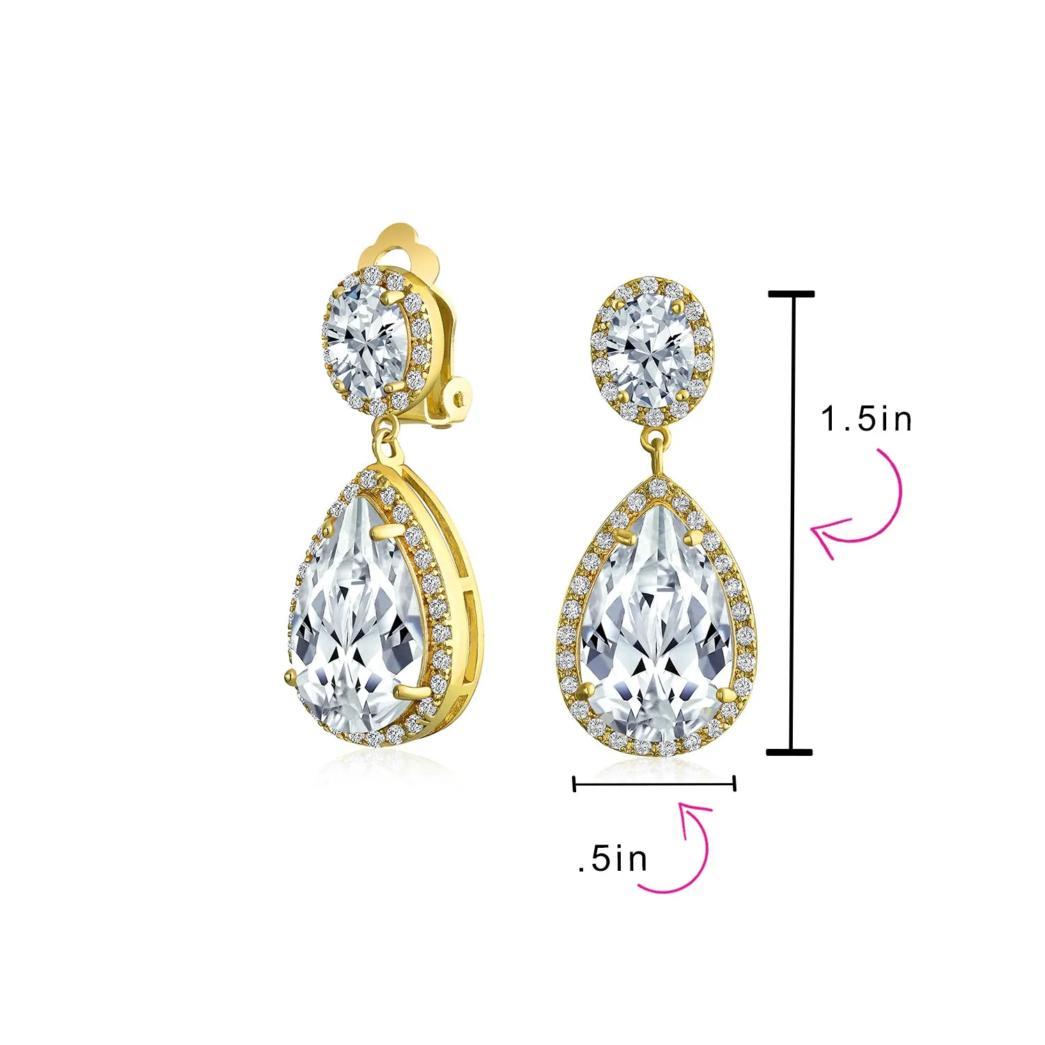 Bridal Teardrop CZ Halo Chandelier Clip On Earrings Silver Rose Gold