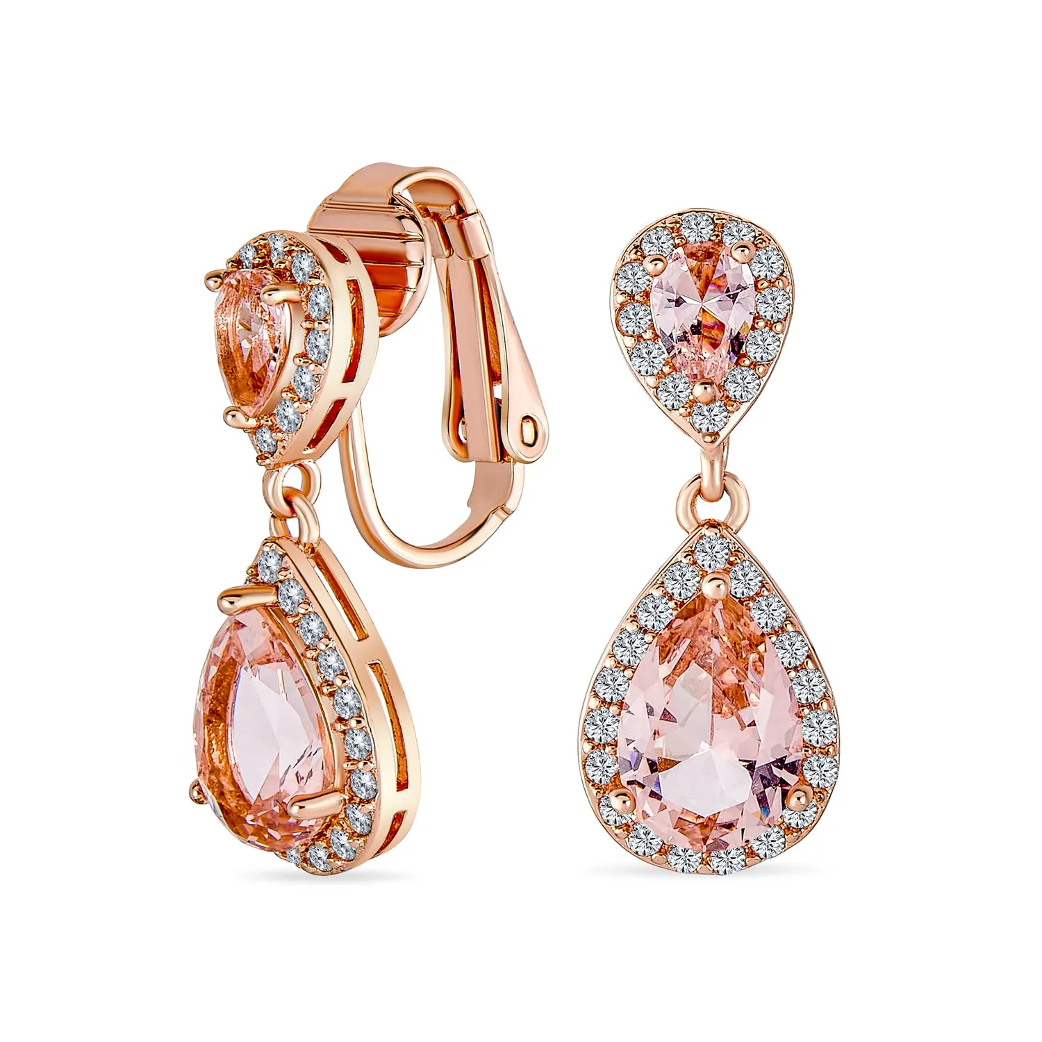 Bridal Teardrop CZ Halo Chandelier Clip On Earrings Silver Rose Gold