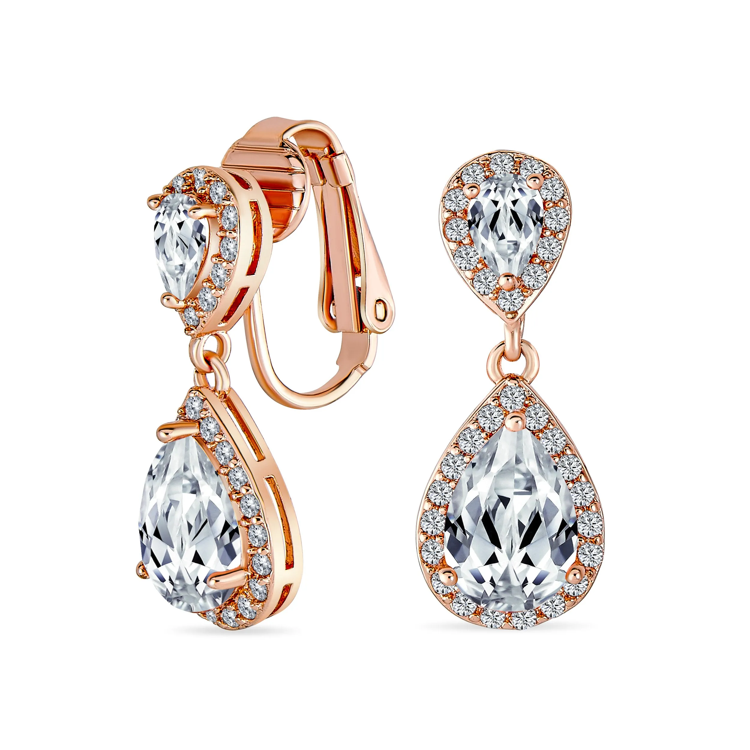 Bridal Teardrop CZ Halo Chandelier Clip On Earrings Silver Rose Gold