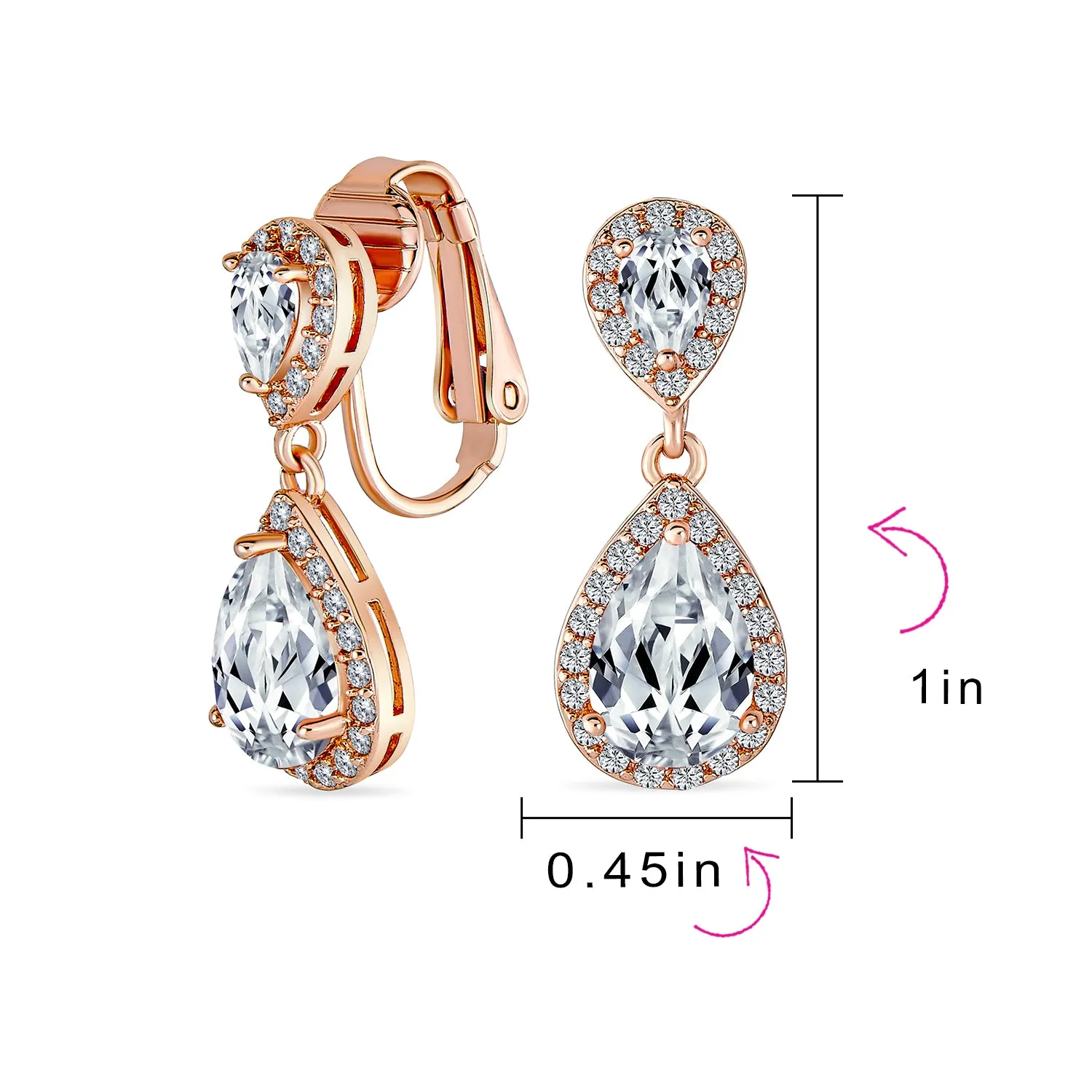 Bridal Teardrop CZ Halo Chandelier Clip On Earrings Silver Rose Gold