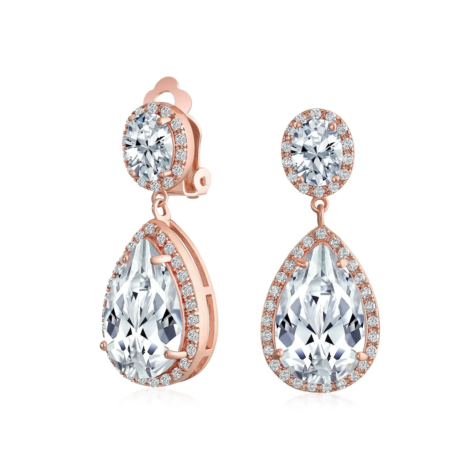 Bridal Teardrop CZ Halo Chandelier Clip On Earrings Silver Rose Gold