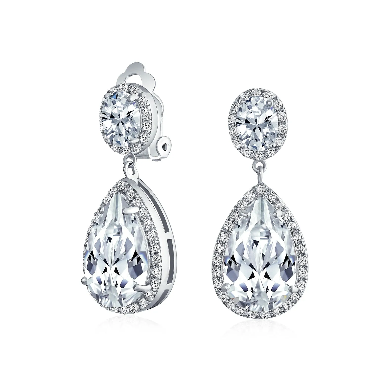 Bridal Teardrop CZ Halo Chandelier Clip On Earrings Silver Rose Gold