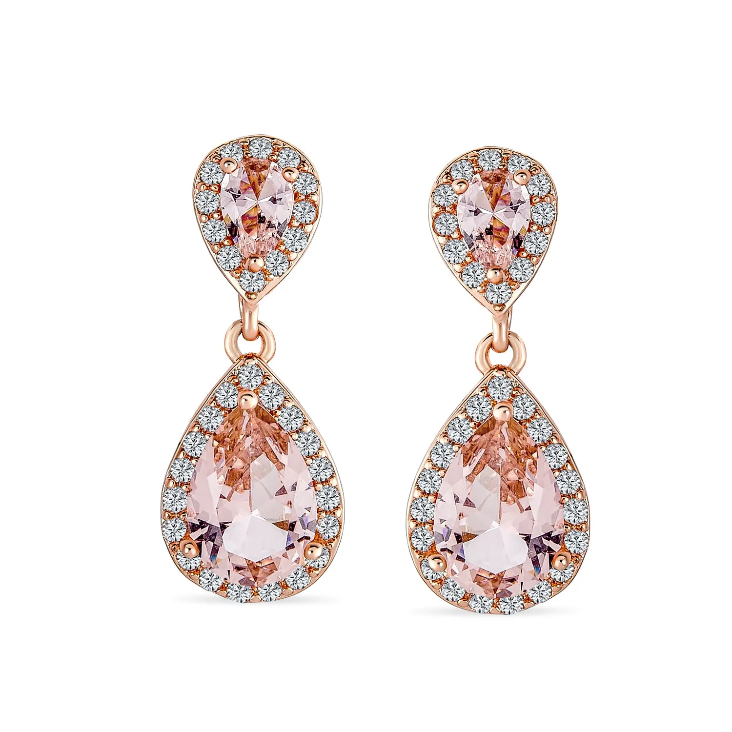 Bridal Teardrop CZ Halo Chandelier Clip On Earrings Silver Rose Gold