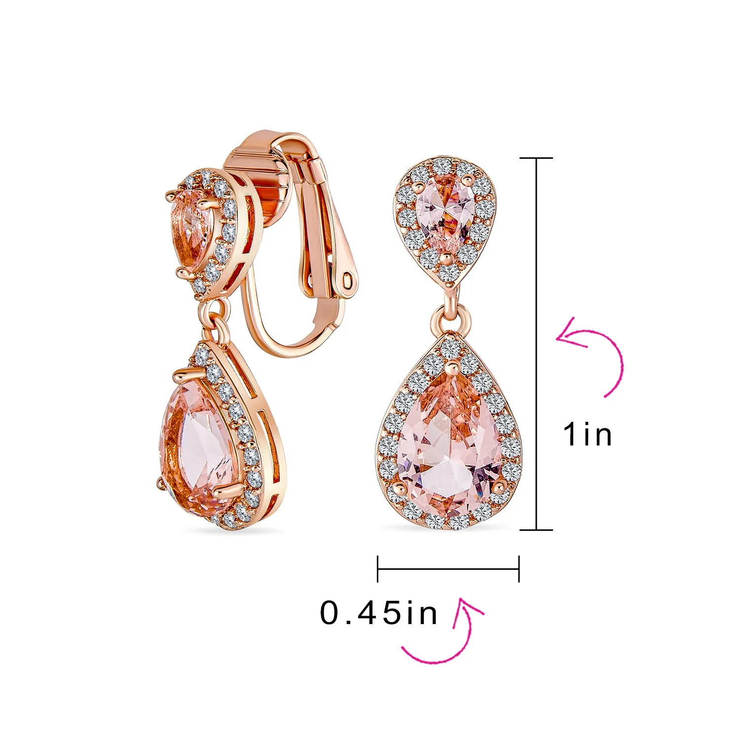 Bridal Teardrop CZ Halo Chandelier Clip On Earrings Silver Rose Gold