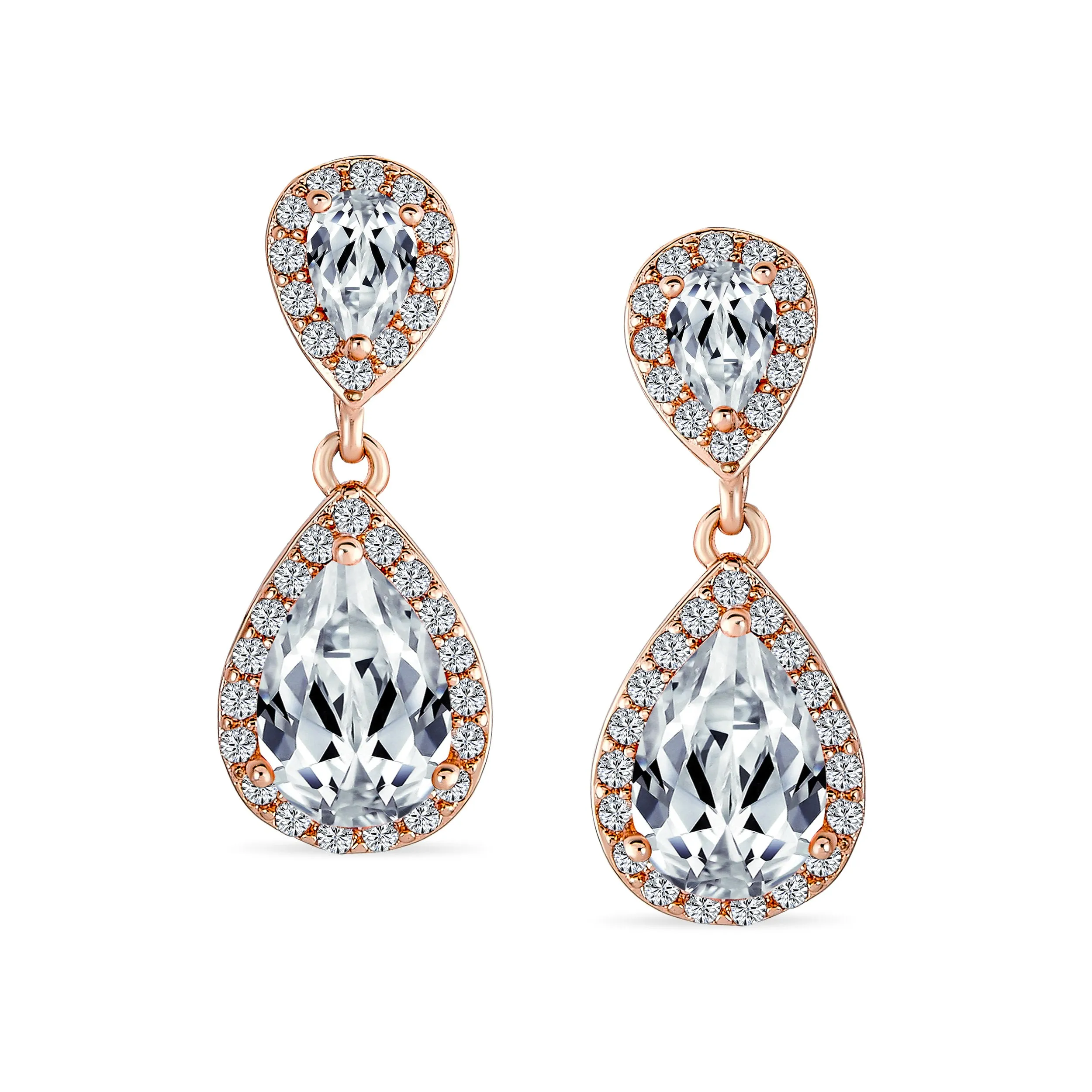 Bridal Teardrop CZ Halo Chandelier Clip On Earrings Silver Rose Gold