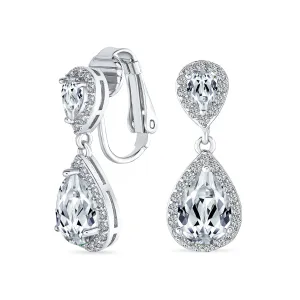 Bridal Teardrop CZ Halo Chandelier Clip On Earrings Silver Rose Gold