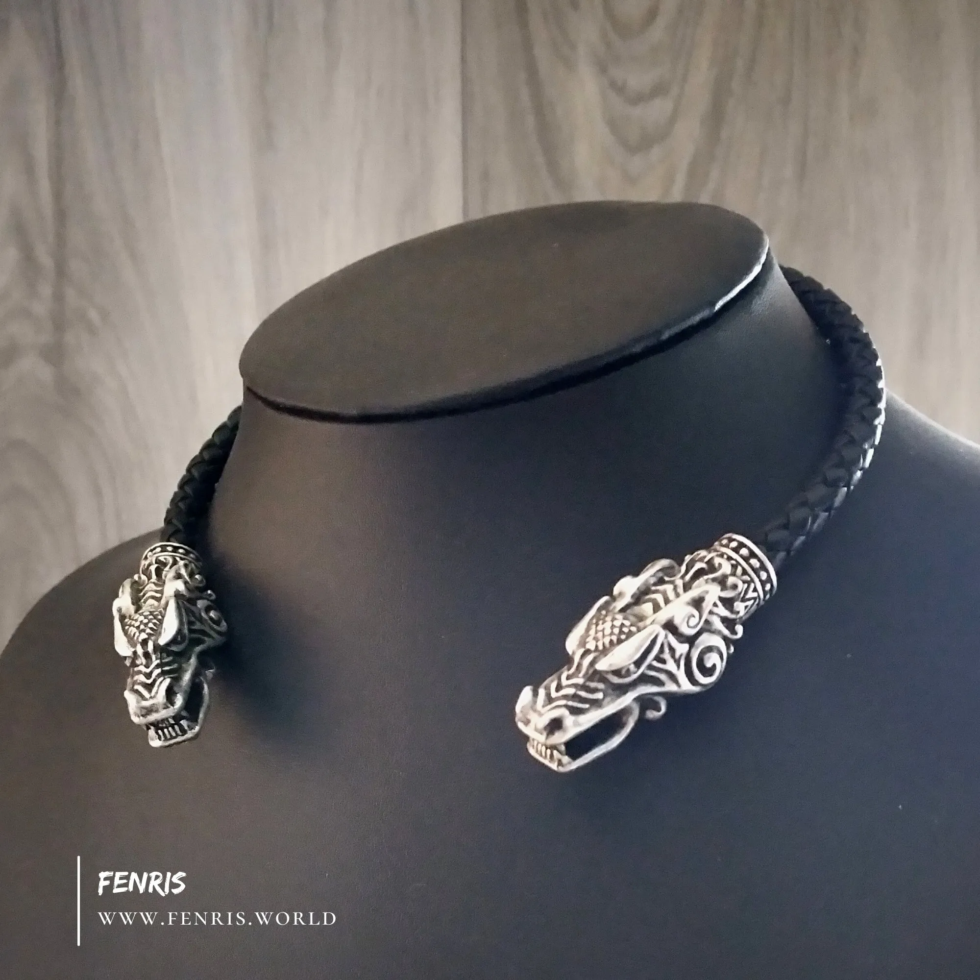 Celtic Dragon Torc Silver Decorated Style Black Leather Youth Size | Fenris