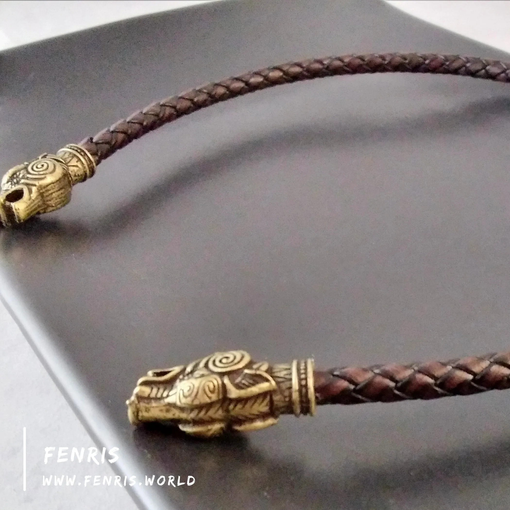 Celtic Torc Bronze Wolf Brown Leather | Fenris