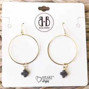 Charcoal Stone Cross 14K Dipped Gold Earrings