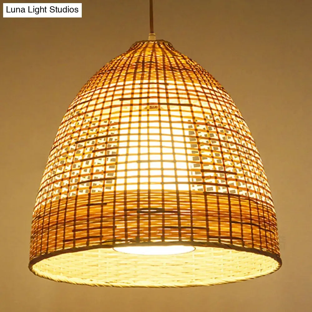 Chinese Bamboo Hand-Twisted Bell Ceiling Pendant Lamp - Single, Beige - 16"/19.5" Width - Living Room Hanging Light